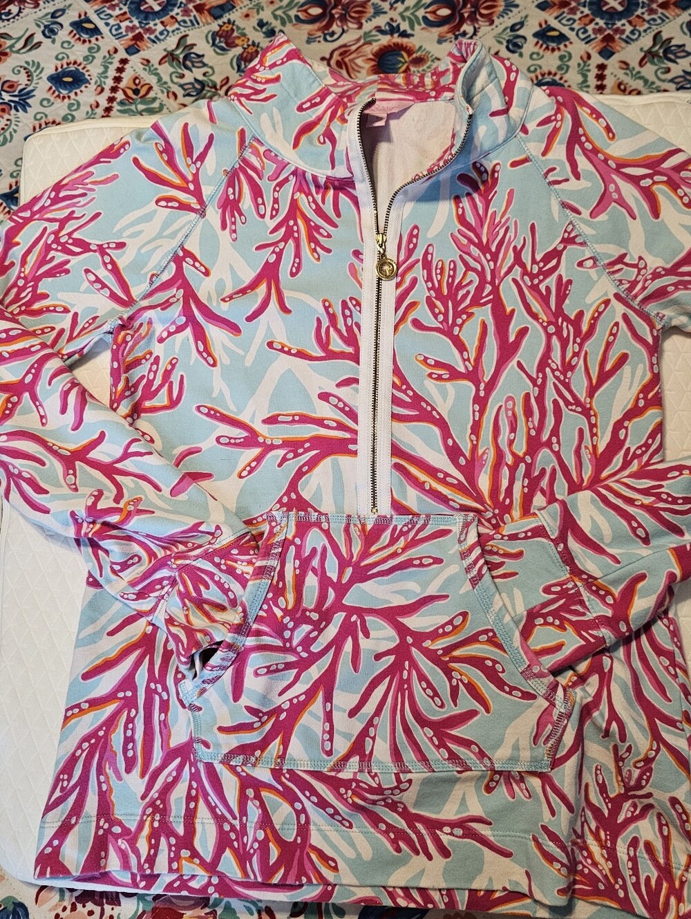 Lilly Pulitzer Skipper Popover 1/2 Zip Pullover Coral Reef Pink Small Pocket Euc